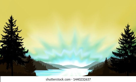 Wild terrain background. Lake (river) and pine forest. Yellow and blue tones.