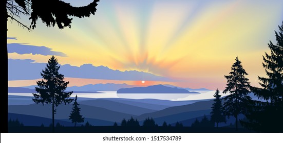 Wild terrain background. Lake (river) and pine forest. Sunset. Yellow and blue tones.
