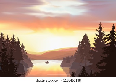 Wild terrain with lake (river) and pine forest. Sunset. Orange, brown and yellow tones.