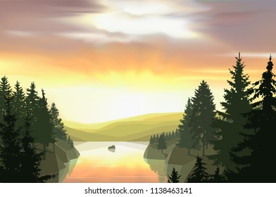 Wild terrain with lake (river) and pine forest. Sunset. Green and yellow tones.
