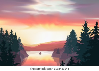 Wild terrain with lake (river) and pine forest. Sunset. Violet, pink and yellow tones.