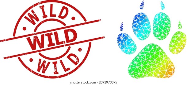 Wild textured stamp imitation and low-poly rainbow colored tiger footprint icon with gradient. Red stamp seal contains Wild text inside round and lines template.