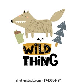Lo salvaje. Lobo de caricatura, letras de dibujos a mano, elementos decorativos. Bosque. ilustración de vector colorida para niños, de estilo plano. diseño de bebé para tarjetas, impresiones, carteles, logotipo, portada