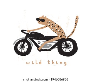 Wild Thing. Cute Vector Illustration with Cool Tiger Riding a Motorcycle. Wild Cat on a Motorbike Isolated on a White Background. Infantile Style Print ideal for Card, Wall Art, Poster.