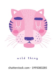 Cosa Salvaje. Ilustración vectorial con tigre rosa aislado en un fondo blanco. Simple Nursery Art para niños. Impresión con un divertido gato salvaje ideal para arte en la pared, tarjeta, afiche, decoración Safari Party. 