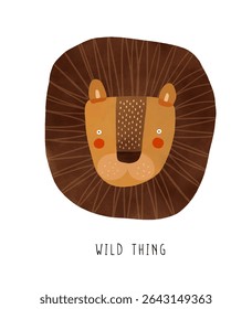 Wild Thing. Funny Hand Drawn Lion On a White Background. Head Of Wild Cat. Safari Print Ideal For Wall Art, Poster, Kids' Room Decoration. Vector Illustrations Of Cute Dreamy Lion.