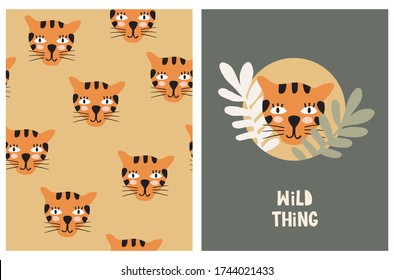 Wild Thing. Funny Safari Party Vector Illustration and Seamless Pattern. Cute Repeatable Print with Tigers on a Pale Yellow Background. Card with Tiger in a Round Shape Frame on a Dark Green Layout.
