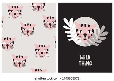 Wild Thing. Funny Safari Party Vector Illustration and Seamless Pattern. Cute Repeatable Print with Pink Tigers on a Light Gray Background. Card with Tiger in a Round Shape Frame on a Black Layout.