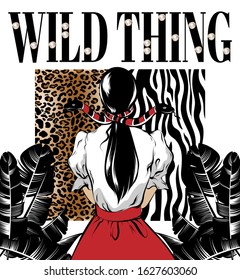 Wild thing. Vector hand drawn illustration of girl with snakes, leopard and zebra print, palm leaved and pearls . Template for card, poster, banner, print for t-shirt, pin, badge, patch.