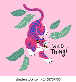 Wild thing. Vector illustration of tiger with tropical leaves on pink background. Trendy design for card, poster, tshirt and prints.