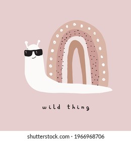 Wild Thing.Abstract Vector Art with Funny Snail. Cute Hand Drawn Snail with Rainbow House Isolated on a Light Dusty Pink Background. Lovely Nursery Art ideal for Wall Art, Card, Kids Room Decoration. 