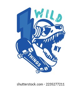 Wild Things. Dinosaur skull, skateboard vector print.New York skate club.Fun t-shirt design for kids.Cute Dinosaur character design.