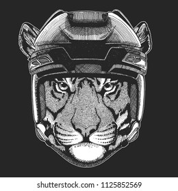 Wild tiger Wild animal wearing hockey helmet. Print for t-shirt design.