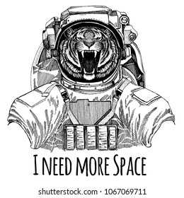 Wild tiger Astronaut. Space suit. Hand drawn image of lion for tattoo, t-shirt, emblem, badge, logo patch kindergarten poster children clothing