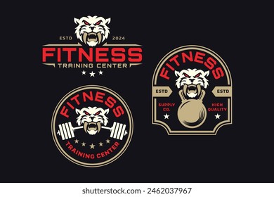 wild tiger with barbell and kettlebell logo design for fitness, gym, bodybuilding, weightlifting club