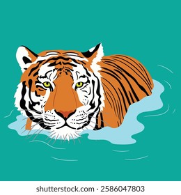 Wild Tiger Bathing at the River Vector Stock Illustration