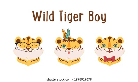 The wild tiger boys with bow, glasses, feathers. The funny heads animals is good for tiger day, logos, t-shirt designs. The set 2022 is a vector illustration