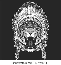 Wild tiger Cool animal wearing native american indian headdress with feathers Boho chic style Hand drawn image for tattoo, emblem, badge, logo, patch