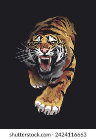 wild tiger crawling out of shadow hand drawn vector illustration on black background