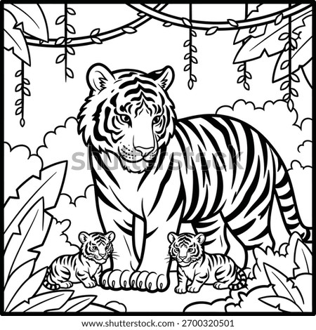 Wild Tiger with Cubs in Jungle Line Art for Coloring Book