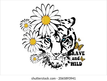 wild tiger with daisy flower vector art