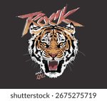 Wild tiger face vector illustration. Vintage rebel rock band tour style.Wild animal graphic design for t-shirt, apparel print, stickers, posters, background,merchandise, and fashion design.