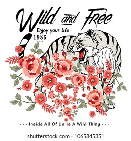 wild tiger and wild flowers vector illustration graphic t shirt and fabric print