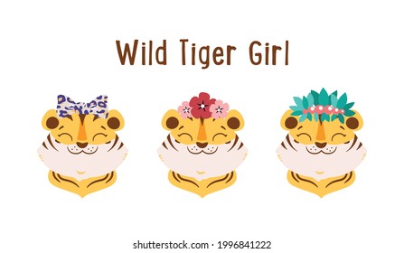 The wild tiger girls with flowers, bow, leaves. The cute faces animals, save the wild tigers stickers. The collection is a vector illustration