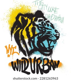 graffiti de tigre salvaje ilustración de mano con diseño de impresión de slogan