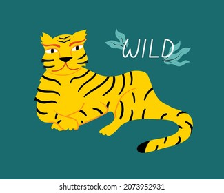 Wild tiger hand drawn illustration. Lettering with abstract leaves.
