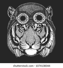 Wild tiger Hand drawn image for tattoo, emblem, badge, logo, patch, t-shirt Cool animal wearing aviator, motorcycle, biker helmet.