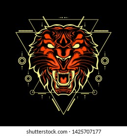 Wild Tiger Head with abstract geometric ornaments. animals illustration vector.