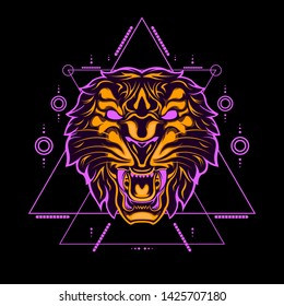 Wild Tiger Head with abstract geometric ornaments. animals illustration vector.