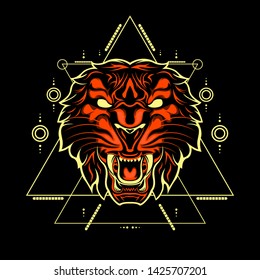 Wild Tiger Head with abstract geometric ornaments. animals illustration vector.
