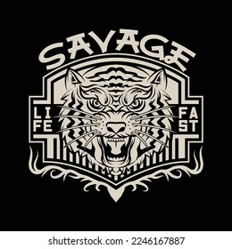 Wild Tiger Head Illustration with shield illutration and savage slogan, Vector Artwork for Apparel and Other Uses