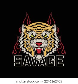 Wild Tiger Head Illustration with text savage and simple fire icon on the behind, Vector Artwork for Apparel and Other Uses