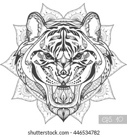 Wild Tiger head zentangle artwork.  Animal zentangle illustration. Zoo and safari theme vector. Ethnic boho ornament. Coloring book page.  tattoo, poster, print, t-shirt.