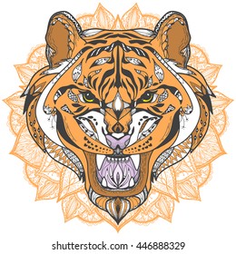 Wild Tiger head zentangle artwork.  Animal zentangle illustration. Zoo and safari theme vector. Ethnic boho ornament. Coloring book page.  tattoo, poster, print, t-shirt.