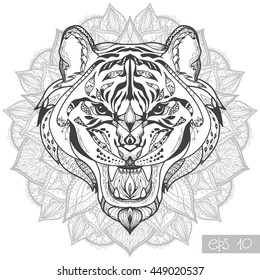 Wild Tiger head zentangle artwork.  Animal zentangle illustration. Zoo and safari theme vector. Ethnic boho ornament. Coloring book page.  tattoo, poster, print, t-shirt.