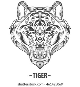 Wild Tiger head zentangle artwork.  Animal zentangle illustration. Zoo and safari theme vector. Ethnic boho ornament. Coloring book page.  tattoo, poster, print, t-shirt.