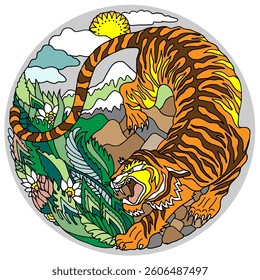 Wild tiger hunts in the mountains - vector illustration with outline, round for print, logo or coloring book