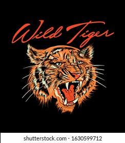 Wild tiger with Japanese symbol of tiger.  Modern mascot illustration for print design of clothes t shirt