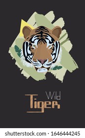 Tigre salvaje sobre el fondo de trazos de pincel y formas geométricas. Subtítulo a continuación
