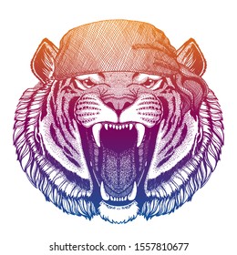 Wild tiger. Wild pirate or biker. Vector animal portrait. Sailor, motorcyclist. Print for children clothing, tee. Kids fashion.