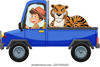 Wild Tiger Riding in Safari Truck Cartoon Character illustration