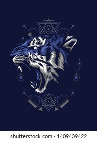 The wild tiger roaring with sacred geometry pattern