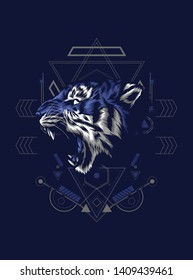 The wild tiger roaring with sacred geometry pattern