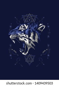 The wild tiger roaring with sacred geometry pattern