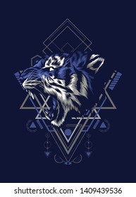 The wild tiger roaring with sacred geometry pattern