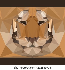 Wild tiger stares forward. Nature and animals life theme background. Abstract geometric polygonal triangle illustration for use in design for card, invitation, poster, banner, placard, billboard cover